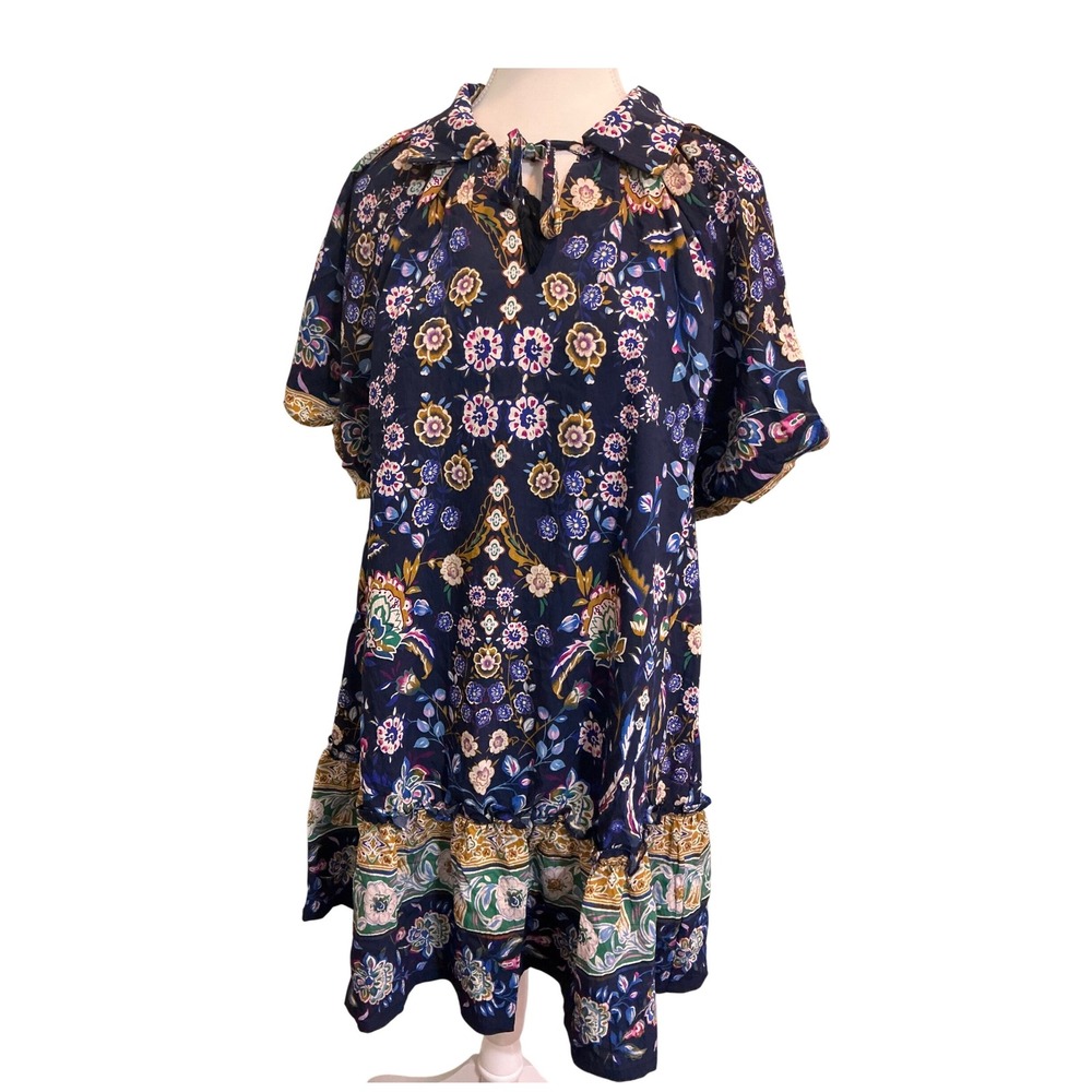 Umgee Floral Print Dress Ruffle Hem Short Sleeve Casual Boho Blue Medium